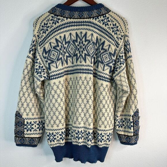 Vintage 90s Dale of Norway Nordic Blue Fair Isle Knit Cardigan Sweater Small - Picture 2 of 8